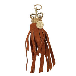 14k Gold Plated King Crown Cross Brown Suede Fringe Cork Coin Coin Keychain